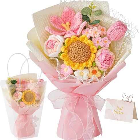 Cilimnas Crochet Flower Bouquet,Orange Knitted Flowers, Handmade Sunflowers Tulips Roses Bouquet for Valentine Day Birthday Anniversary Party Mother's Day Graduation Gifts(With Card) in Saudi Arabia