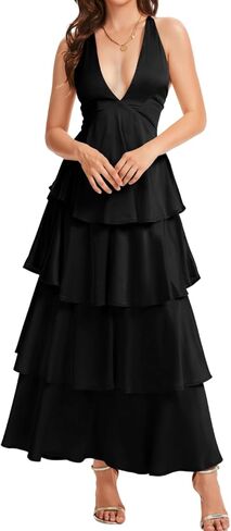 ShawGobow Ruffle Tiered Maxi Dress,Deep V Backless Satin Formal Dresses Women,Homecoming Cocktail Wedding Guest Outfits in Saudi Arabia