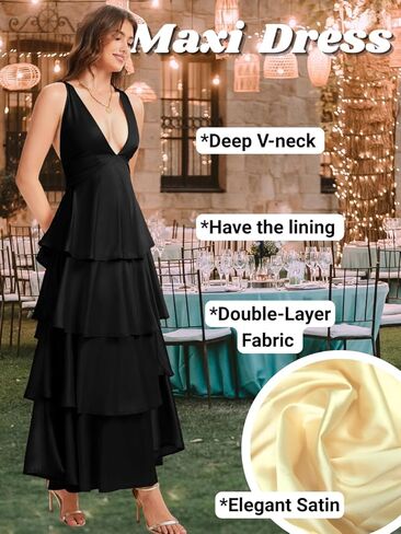ShawGobow Ruffle Tiered Maxi Dress,Deep V Backless Satin Formal Dresses Women,Homecoming Cocktail Wedding Guest Outfits in Saudi Arabia