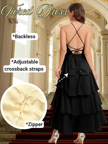 ShawGobow Ruffle Tiered Maxi Dress,Deep V Backless Satin Formal Dresses Women,Homecoming Cocktail Wedding Guest Outfits in Saudi Arabia