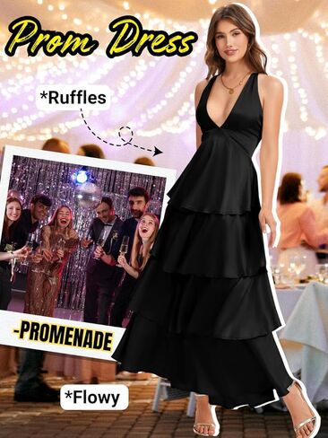 ShawGobow Ruffle Tiered Maxi Dress,Deep V Backless Satin Formal Dresses Women,Homecoming Cocktail Wedding Guest Outfits in Saudi Arabia