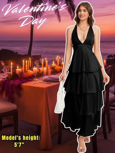 ShawGobow Ruffle Tiered Maxi Dress,Deep V Backless Satin Formal Dresses Women,Homecoming Cocktail Wedding Guest Outfits in Saudi Arabia