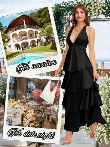ShawGobow Ruffle Tiered Maxi Dress,Deep V Backless Satin Formal Dresses Women,Homecoming Cocktail Wedding Guest Outfits in Saudi Arabia