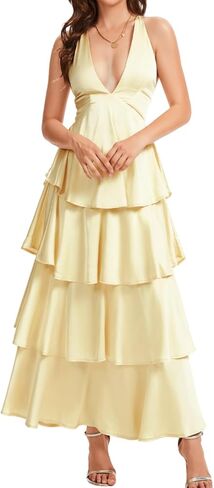 ShawGobow Ruffle Tiered Maxi Dress,Deep V Backless Satin Formal Dresses Women,Homecoming Cocktail Wedding Guest Outfits in Saudi Arabia