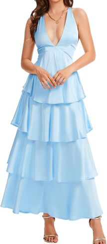 ShawGobow Ruffle Tiered Maxi Dress,Deep V Backless Satin Formal Dresses Women,Homecoming Cocktail Wedding Guest Outfits in Saudi Arabia