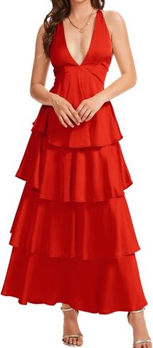 ShawGobow Ruffle Tiered Maxi Dress,Deep V Backless Satin Formal Dresses Women,Homecoming Cocktail Wedding Guest Outfits in Saudi Arabia
