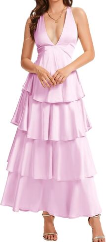 ShawGobow Ruffle Tiered Maxi Dress,Deep V Backless Satin Formal Dresses Women,Homecoming Cocktail Wedding Guest Outfits in Saudi Arabia