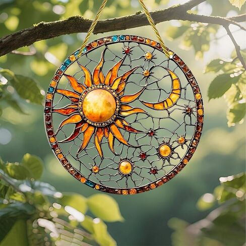 Colorful Acrylic Suncatcher, Sun Moon Stained Glass Artwork 7-inch Hanging Window Wall Art Decor with Printed Stained Glass Style Design, Gift Idea & Garden Ornament Indoor Outdoor Use in Saudi Arabia