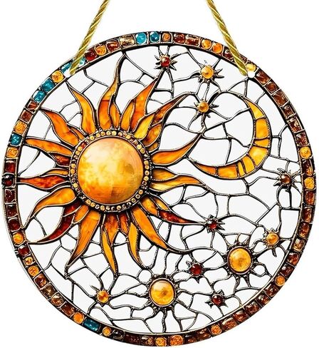 Colorful Acrylic Suncatcher, Sun Moon Stained Glass Artwork 7-inch Hanging Window Wall Art Decor with Printed Stained Glass Style Design, Gift Idea & Garden Ornament Indoor Outdoor Use in Saudi Arabia