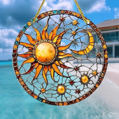 Colorful Acrylic Suncatcher, Sun Moon Stained Glass Artwork 7-inch Hanging Window Wall Art Decor with Printed Stained Glass Style Design, Gift Idea & Garden Ornament Indoor Outdoor Use in Saudi Arabia