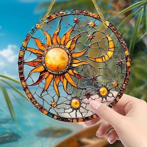 Colorful Acrylic Suncatcher, Sun Moon Stained Glass Artwork 7-inch Hanging Window Wall Art Decor with Printed Stained Glass Style Design, Gift Idea & Garden Ornament Indoor Outdoor Use in Saudi Arabia