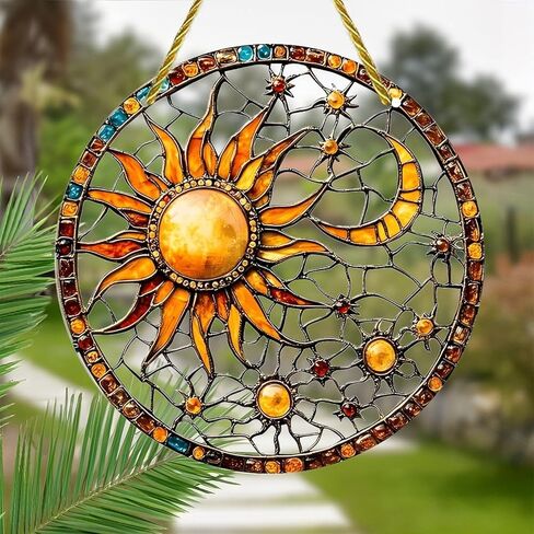 Colorful Acrylic Suncatcher, Sun Moon Stained Glass Artwork 7-inch Hanging Window Wall Art Decor with Printed Stained Glass Style Design, Gift Idea & Garden Ornament Indoor Outdoor Use in Saudi Arabia