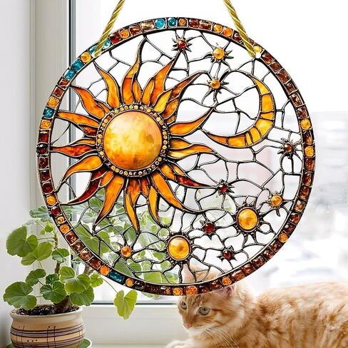 Colorful Acrylic Suncatcher, Sun Moon Stained Glass Artwork 7-inch Hanging Window Wall Art Decor with Printed Stained Glass Style Design, Gift Idea & Garden Ornament Indoor Outdoor Use in Saudi Arabia