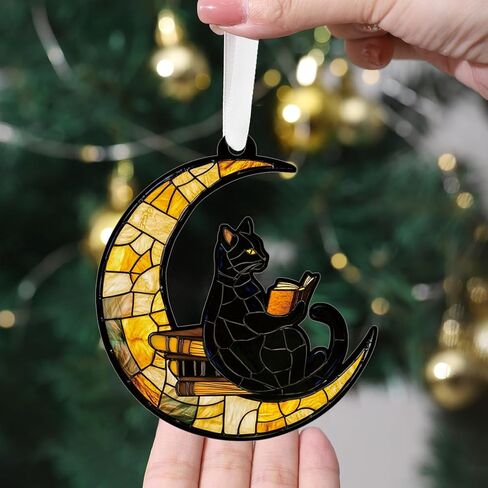 Christmas Ornaments Tree Decorations Hanging Ornaments for 1pc Clear Acrylic Moon Black Cat Reading Outdoor Indoor Home Decor in Saudi Arabia