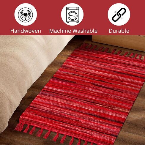 CottonCove Cotton Chindi Rug - Boho Rustic Area Accent Throw Rug - Area Floor Carpet for Bedroom Living Room Kitchen Dorm Entryway Hallway - 20x32 inch Hand Woven Reversible Area Rug Red Multi in Saudi Arabia