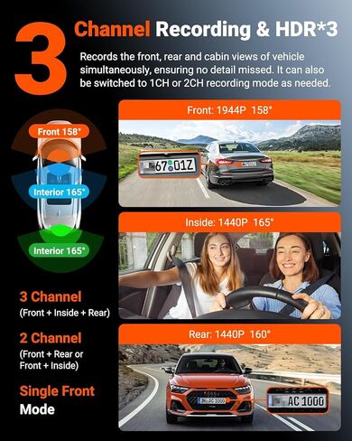 Vantrue N4S 3 Channel WiFi Dash Cam ، Starvis 2 ، PlatePix ™ ، 2.7k+1440p+1440 Front Inside Dashcam ، HDR ، IR Night Vision ، Voice Control ، GPS ، Support LTE ، وضع وقوف السيارات على مدار 24/7 ، دعم 1 تيراب كحد أقصى in Kuwait