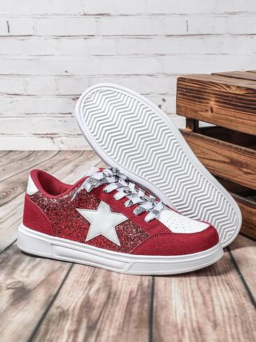 Y2K Style Star Glitter Skate Sneakers for Women Wide Fit Casual Sport Shoes, Trendy Student Footwear in Plus Sizes in Saudi Arabia