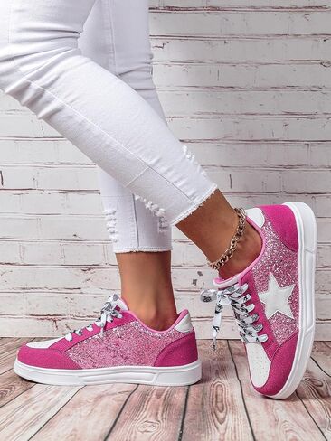 Y2K Style Star Glitter Skate Sneakers for Women Wide Fit Casual Sport Shoes, Trendy Student Footwear in Plus Sizes in Saudi Arabia