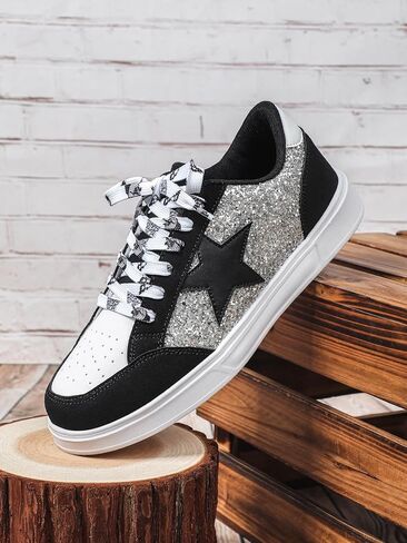 Y2K Style Star Glitter Skate Sneakers for Women Wide Fit Casual Sport Shoes, Trendy Student Footwear in Plus Sizes in Saudi Arabia
