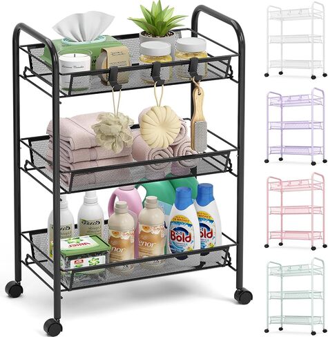 TOOLF 3-Tier Metal Rolling Cart, Mesh Wire Easy Assemble Utility Cart, Storage Trolley on Wheels with 3 Hooks, MetalStorage Shelving Units for Kitchen Bathroom Laundry Room in Kuwait