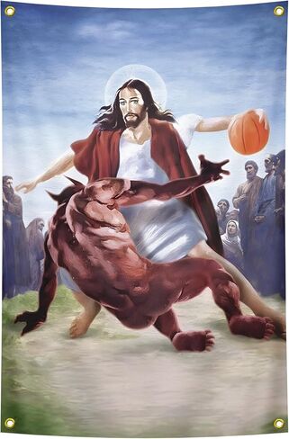 Jesus Crossing Up Satan Basketball Tapestry 2x3 FT - Humorous Religious Art Wall Hanging, Funny Novelty Sports Decor for Man Cave, Game Room, Dorm, Unique Conversation Starter Gift for Men & Basketball Fan in Saudi Arabia
