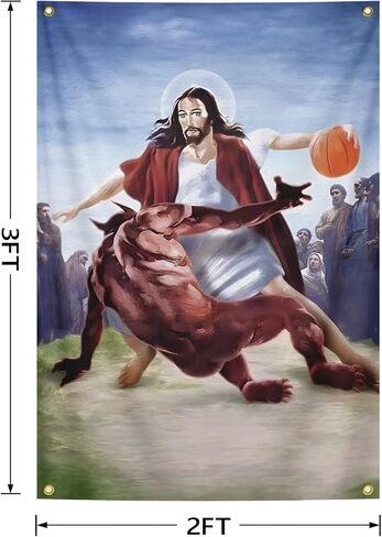 Jesus Crossing Up Satan Basketball Tapestry 2x3 FT - Humorous Religious Art Wall Hanging, Funny Novelty Sports Decor for Man Cave, Game Room, Dorm, Unique Conversation Starter Gift for Men & Basketball Fan in Saudi Arabia