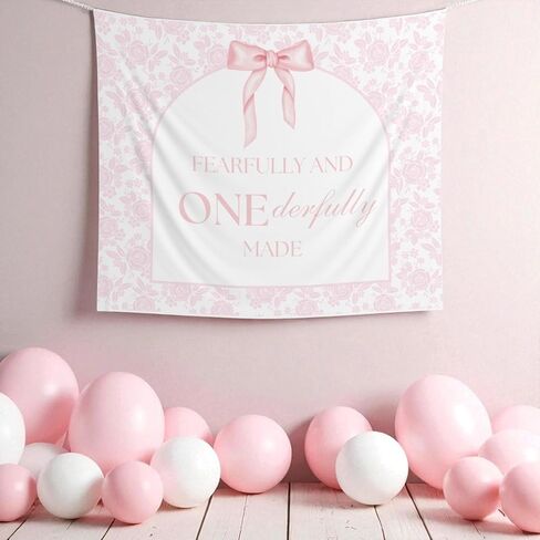 TQ22 Fearfully And Onederfully Made Birthday Banner Girl First Birthday Photo Backdrop Grandmillenial Christian Birthday Tapestry Coquette Bow in Saudi Arabia
