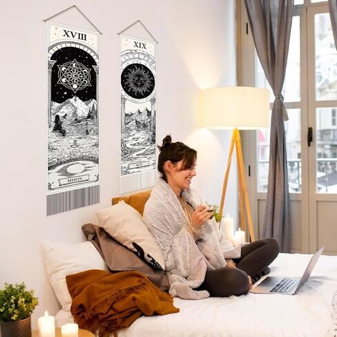 SUPERDANT Sun and Moon Tapestry Tarot Cards Wall Tapestry Black and White Wall Art Tapestries Walls Blanket 2 Long Tapestries Walls Hanging with Tassel for Living Room Home Bedroom Decor 51.2x13in in Saudi Arabia