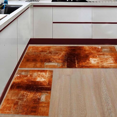 Hokiten Burnt Orange Kitchen Rugs Set 2 Pieces, Modern Geometric Orange Non-Slip Rubber Backing Floor Mats Doormat Bathroom Runner Area Rug Carpet, Painting Abstracvt Art, 15.7x23.6in + 15.7x47.2in in Saudi Arabia