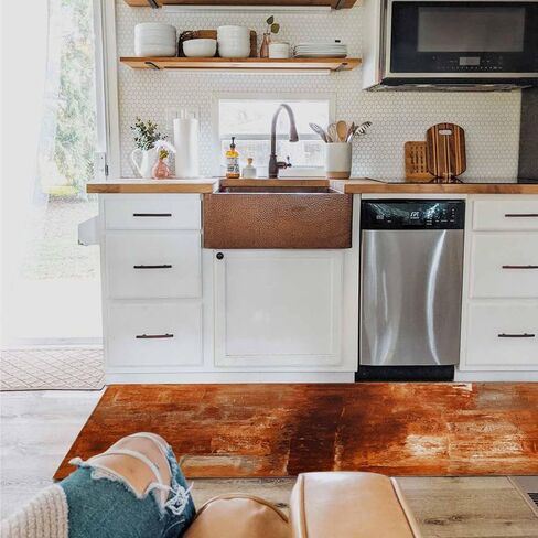 Hokiten Burnt Orange Kitchen Rugs Set 2 Pieces, Modern Geometric Orange Non-Slip Rubber Backing Floor Mats Doormat Bathroom Runner Area Rug Carpet, Painting Abstracvt Art, 15.7x23.6in + 15.7x47.2in in Saudi Arabia
