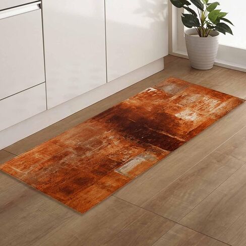 Hokiten Burnt Orange Kitchen Rugs Set 2 Pieces, Modern Geometric Orange Non-Slip Rubber Backing Floor Mats Doormat Bathroom Runner Area Rug Carpet, Painting Abstracvt Art, 15.7x23.6in + 15.7x47.2in in Saudi Arabia