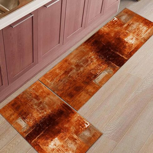 Hokiten Burnt Orange Kitchen Rugs Set 2 Pieces, Modern Geometric Orange Non-Slip Rubber Backing Floor Mats Doormat Bathroom Runner Area Rug Carpet, Painting Abstracvt Art, 15.7x23.6in + 15.7x47.2in in Saudi Arabia