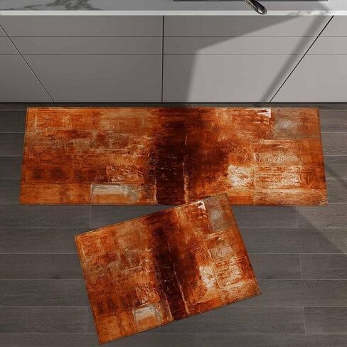 Hokiten Burnt Orange Kitchen Rugs Set 2 Pieces, Modern Geometric Orange Non-Slip Rubber Backing Floor Mats Doormat Bathroom Runner Area Rug Carpet, Painting Abstracvt Art, 15.7x23.6in + 15.7x47.2in in Saudi Arabia