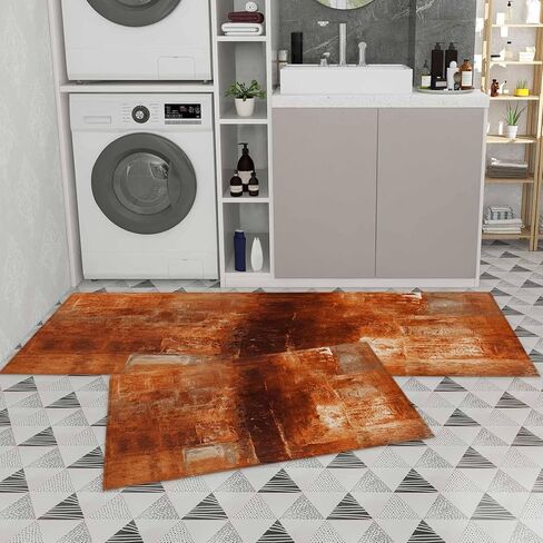 Hokiten Burnt Orange Kitchen Rugs Set 2 Pieces, Modern Geometric Orange Non-Slip Rubber Backing Floor Mats Doormat Bathroom Runner Area Rug Carpet, Painting Abstracvt Art, 15.7x23.6in + 15.7x47.2in in Saudi Arabia
