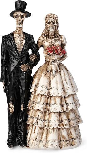 LemonRoad Day-of-The-Dead Couple Skeleton Decor Bride and Groom Skeleton Dia De Los Muertos Figurines Day of The Dead Decorations Halloween Gothic Wedding Cake Topper Decor(Black Suit) in Saudi Arabia