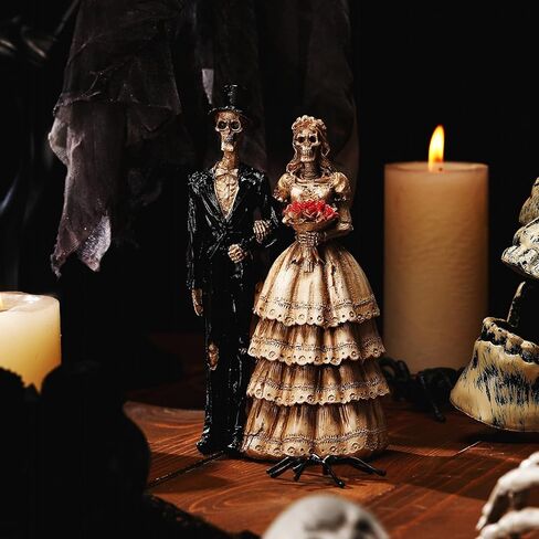 LemonRoad Day-of-The-Dead Couple Skeleton Decor Bride and Groom Skeleton Dia De Los Muertos Figurines Day of The Dead Decorations Halloween Gothic Wedding Cake Topper Decor(Black Suit) in Saudi Arabia