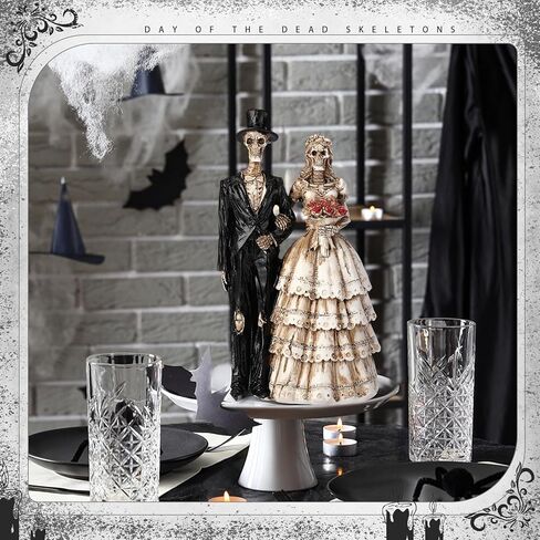 LemonRoad Day-of-The-Dead Couple Skeleton Decor Bride and Groom Skeleton Dia De Los Muertos Figurines Day of The Dead Decorations Halloween Gothic Wedding Cake Topper Decor(Black Suit) in Saudi Arabia