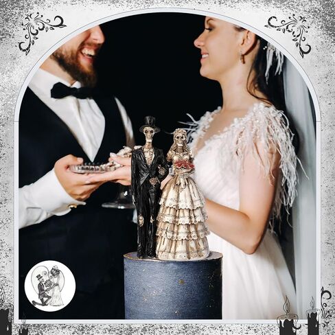LemonRoad Day-of-The-Dead Couple Skeleton Decor Bride and Groom Skeleton Dia De Los Muertos Figurines Day of The Dead Decorations Halloween Gothic Wedding Cake Topper Decor(Black Suit) in Saudi Arabia