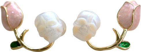 BelleJuri Tulip Pearl Skull Stud Earrings, Genuine Pearl Skull Earrings, Skull Earrings for Her, Gothic Earrings in Kuwait