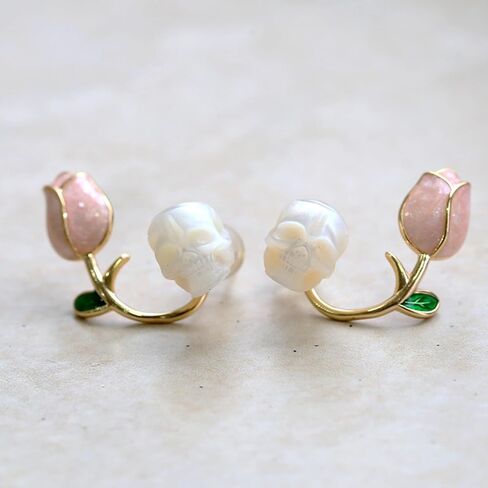 BelleJuri Tulip Pearl Skull Stud Earrings, Genuine Pearl Skull Earrings, Skull Earrings for Her, Gothic Earrings in Kuwait
