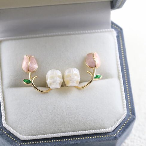 BelleJuri Tulip Pearl Skull Stud Earrings, Genuine Pearl Skull Earrings, Skull Earrings for Her, Gothic Earrings in Kuwait