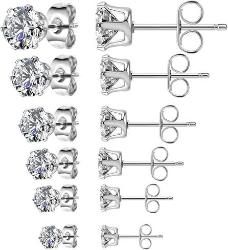 6-Pair Stainless Steel Stud Earrings Set, Hypoallergenic Cubic Zirconia 3-8mm Earrings in Steel Tone in Saudi Arabia