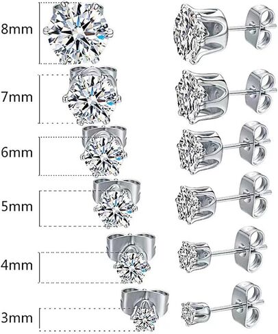 6-Pair Stainless Steel Stud Earrings Set, Hypoallergenic Cubic Zirconia 3-8mm Earrings in Steel Tone in Saudi Arabia