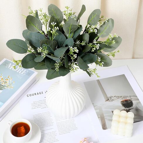 KALIONE 12 PCS Artificial Silver Dollar Eucalyptus Leaves Picks Stems and Faux Branches with White Seeds, 11.4'' Decoration Greenery Stems Plants for Vase Bouquets, Flower Arrangement(Style 2) in Saudi Arabia