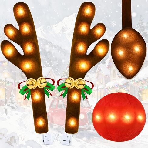 Christmas Car Decorations with Multicolor Lights, Upgrade Reindeer Antlers Kit with Jingle Bells Rudolph Reindeer and Nose, Tail for The Trunk, for All Vehicles,Car,SUV, MPV, Truck in Saudi Arabia