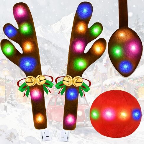 زينة سيارة عيد الميلاد مع الأضواء متعددة الألوان ، ترقية طقم قرون الرنة مع أجراس Jingle Bells Rudolph Reindeer and Nose ، Tail for the Trunk ، لجميع المركبات ، والسيارة ، سيارات الدفع الرباعي ، MPV ، شاحنة in Kuwait