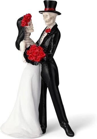 LemonRoad Day-of-The-Dead Couple Skeleton Decor Bride and Groom Skeleton Dia De Los Muertos Figurines Day of The Dead Decorations Halloween Gothic Wedding Cake Topper Decor(Black Suit) in Saudi Arabia