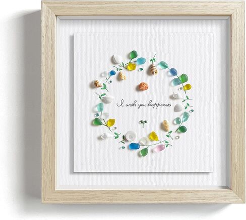 Seahorizon circle. Handmade Sea Glass Art Wall Decor, 8 x 8 Inch Wood Framed Wall Art, Made of Sea Glass, Shells, and Pebbles in Saudi Arabia