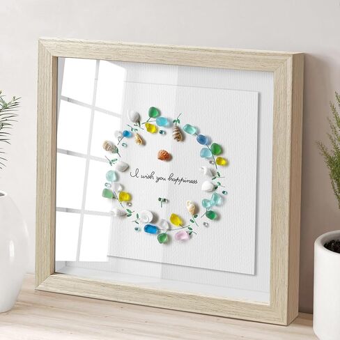 Seahorizon circle. Handmade Sea Glass Art Wall Decor, 8 x 8 Inch Wood Framed Wall Art, Made of Sea Glass, Shells, and Pebbles in Saudi Arabia