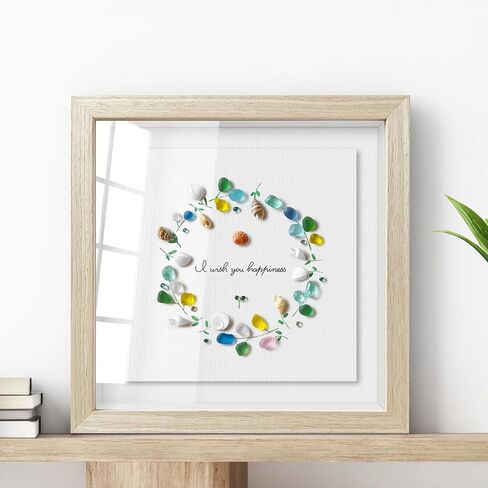 Seahorizon circle. Handmade Sea Glass Art Wall Decor, 8 x 8 Inch Wood Framed Wall Art, Made of Sea Glass, Shells, and Pebbles in Saudi Arabia